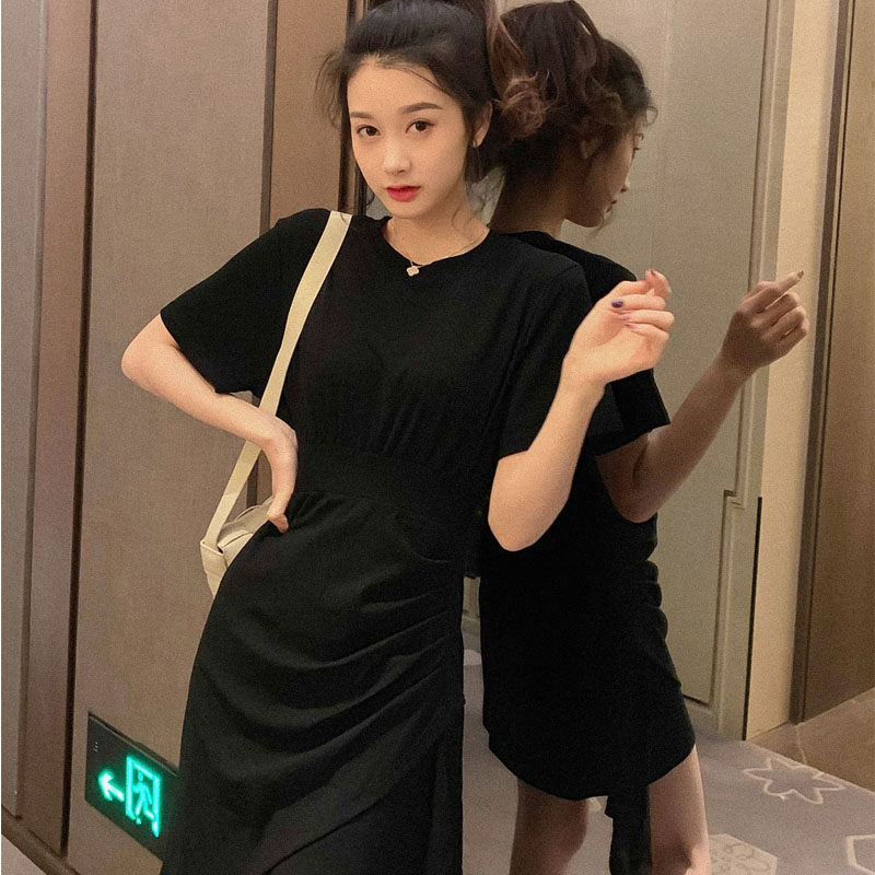 T-shirt dress women's summer dress 2021 new style can be sweet or salty temperament waist show thin irregular design skirt
