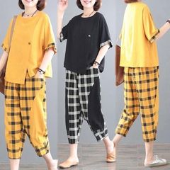 Suit women's 2021 new fashion suit women's large foreign style Plaid stitching loose two piece summer Capris