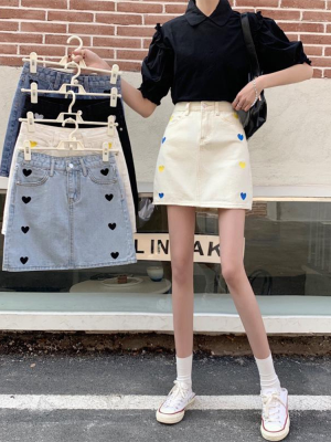 Summer Korean version 2021 new high waist slim design feeling love embroidery age reducing A-line denim skirt