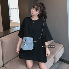 Summer 2021 new Korean fashion denim pocket chain top loose medium length short sleeve T-shirt women's wear