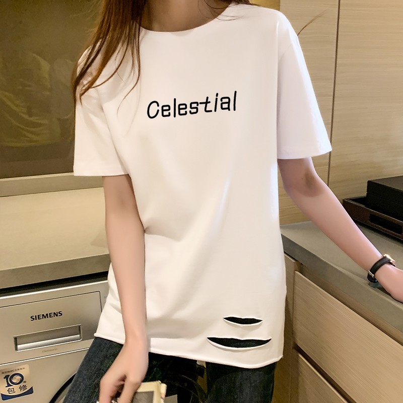 Spring and summer 2021 medium length short sleeve women's large size hole bottomed shirt white loose top folded cotton T-shirt