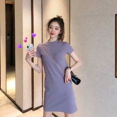 Sexy slim fit skirt with buttocks, women's summer 2021, new Korean version, thin waist, solid color, short sleeve, base dress, women's summer 2021