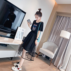 Summer 2021 mesh stitching waist skirt medium length round neck short sleeve T-shirt for women
