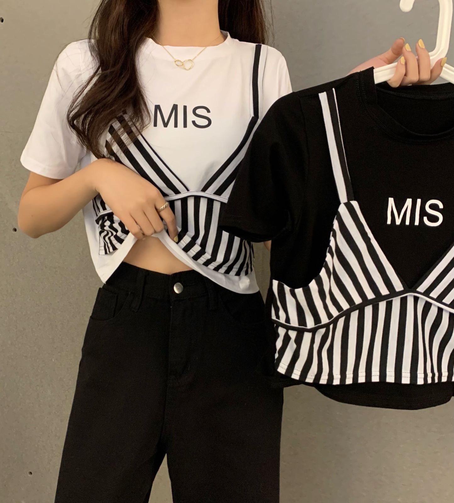 Summer open navel short sleeve T-shirt fake two short top women's 2654-6535 cotton