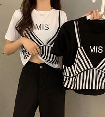 Summer open navel short sleeve T-shirt fake two short top women's 2654-6535 cotton