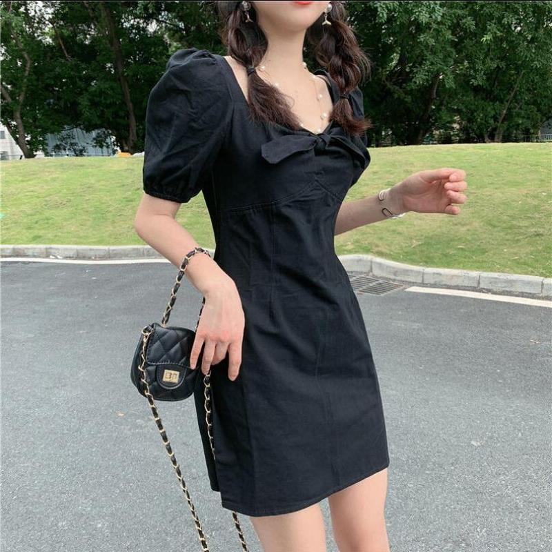Summer 2021 new French court bubble sleeve bow sexy square collar slim dress