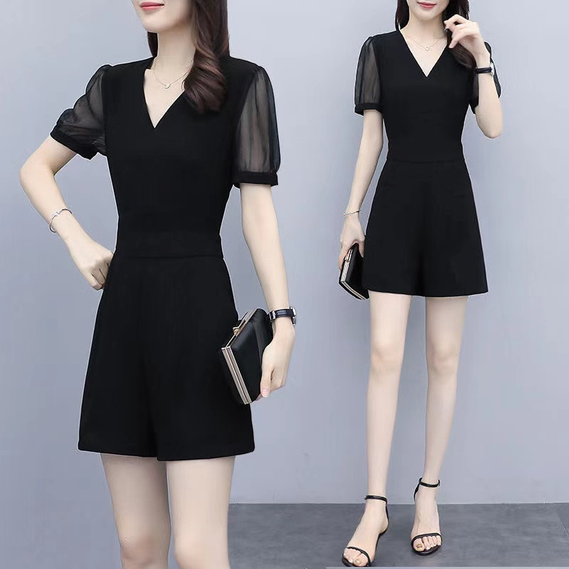2021 summer new Korean fashion invisible zipper mesh splicing short Jumpsuit women's slim V-neck short sleeve