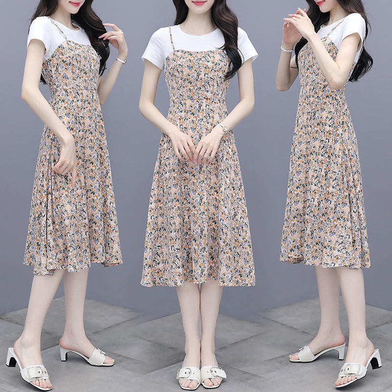 Dress 2021 new Chiffon floral suspender dress short sleeve stitching fake two piece age reducing suit medium length