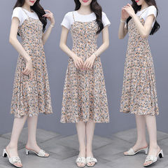 Dress 2021 new Chiffon floral suspender dress short sleeve stitching fake two piece age reducing suit medium length
