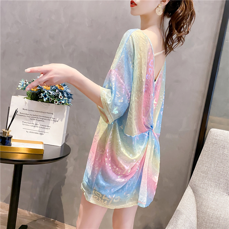 Official picture summer design open back round neck shiny letter short sleeve loose t-shirt female