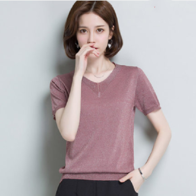 Summer 2020 new large loose V-neck ice silk knitwear short sleeve bright silk top women's flash silk thin