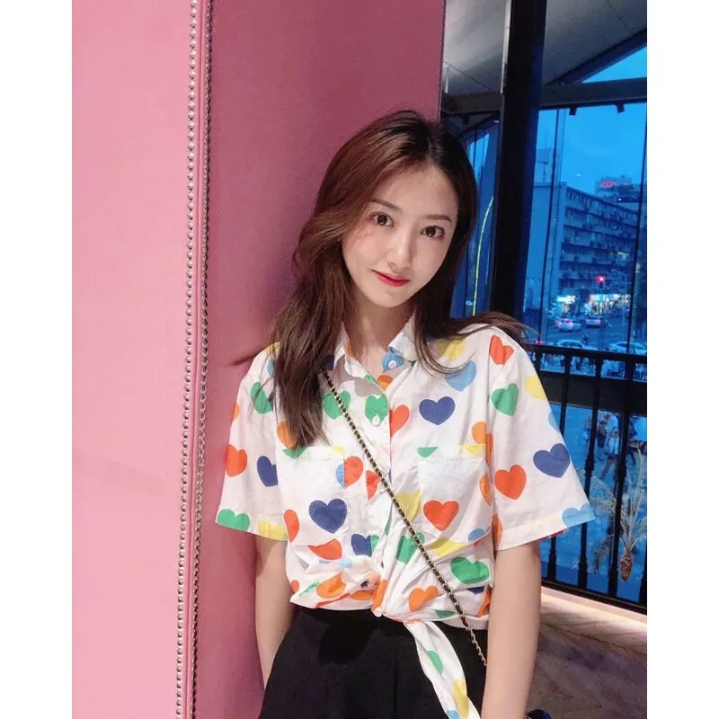 Official figure summer new Korean fashion versatile playful little fresh love printed short sleeve shirt style