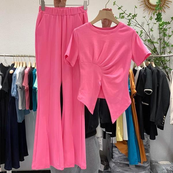 Large size women's short sleeve casual suit women's fashion 2021 summer slim split flared pants sportswear two piece set