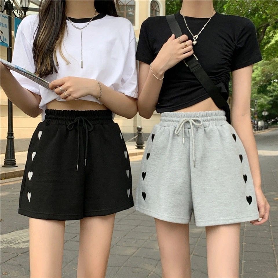 Summer new net red fried street love embroidery show thin high waist casual shorts loose straight wide leg sports pants