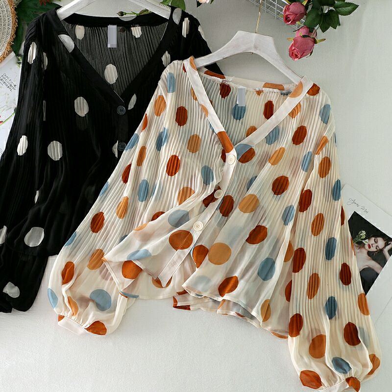 Super fairy collar pleated dot sunscreen Shirt Top Women's bubble Lantern Sleeve slim loose chiffon shirt