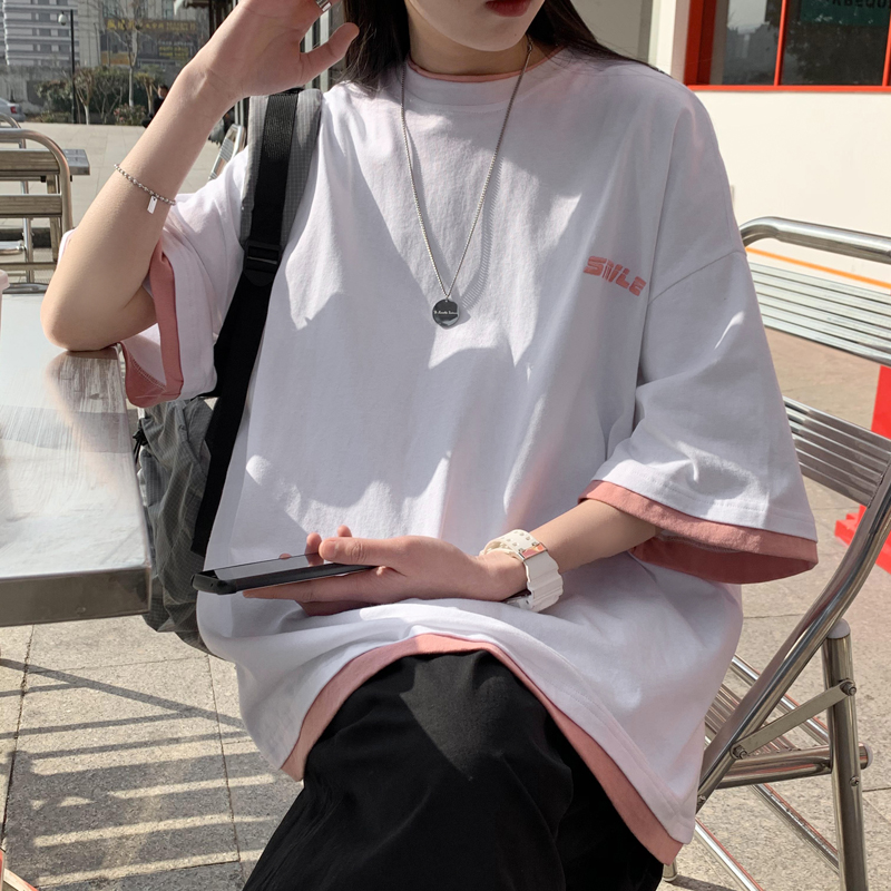 Fake two-piece half sleeve women's summer loose design niche short sleeve T-shirt ins fashion net red super fire European and American fashion brand top