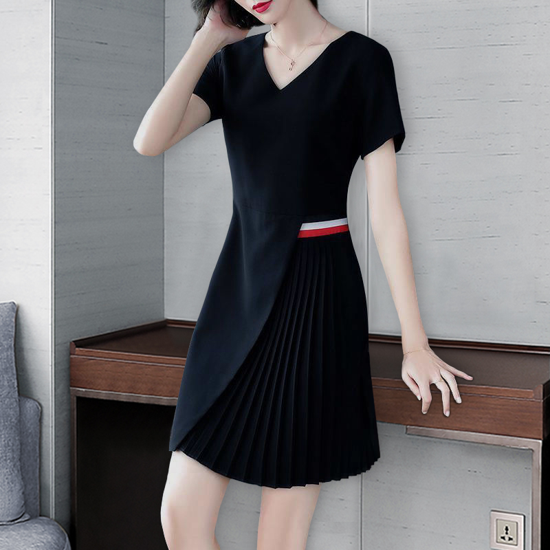 Black short sleeve dress women's summer 2021 new fat sister large women's dress waist slim summer women's skirt