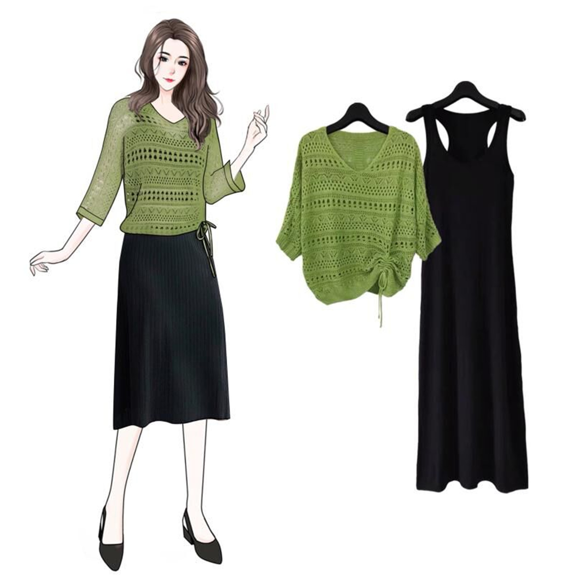 New women's wear in spring and summer: Green holed sweater, hollow out sweater, smock, thin Batman dress, two-piece skirt