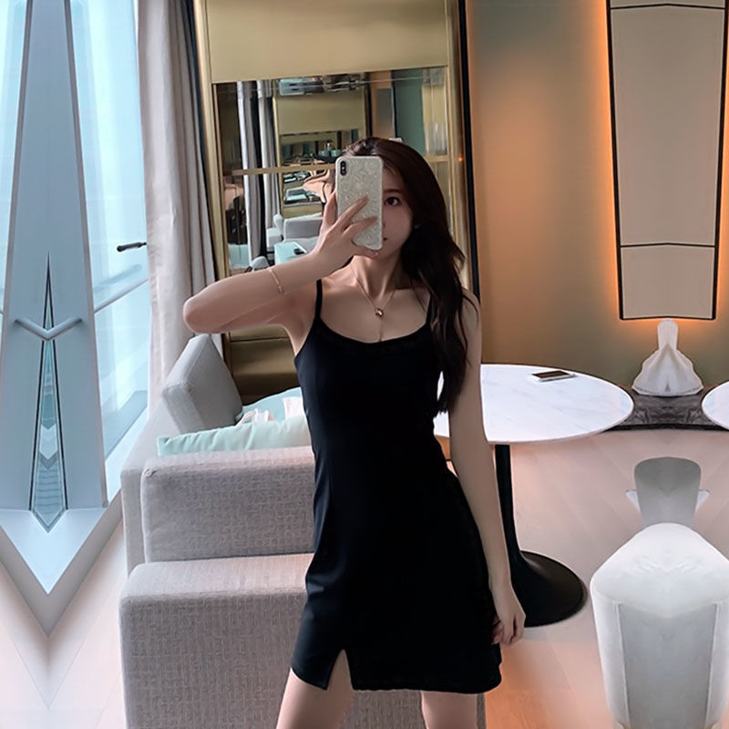 Black split zipper slim suspender skirt women's summer 2021 new short slim sexy off shoulder dress