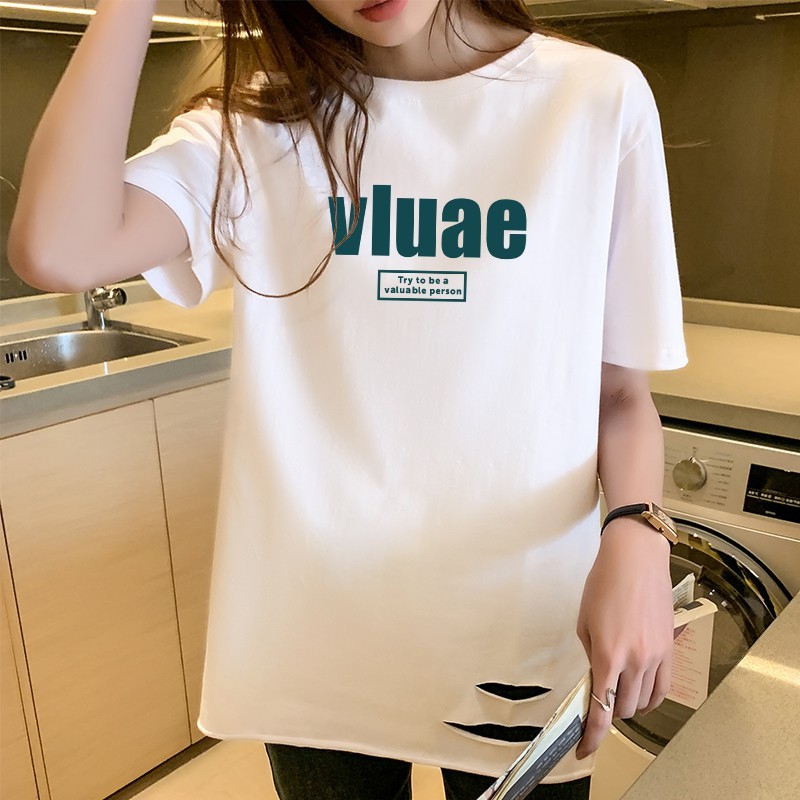 2021 new short sleeve T-shirt women's summer round neck white medium length large size half sleeve T-shirt