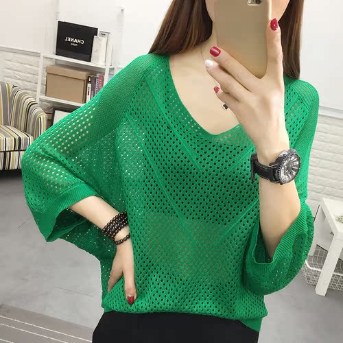 Woolen sweater short sleeve T-shirt women's hollow out Blouse Top spring and summer 2021 Batman fashion large Pullover