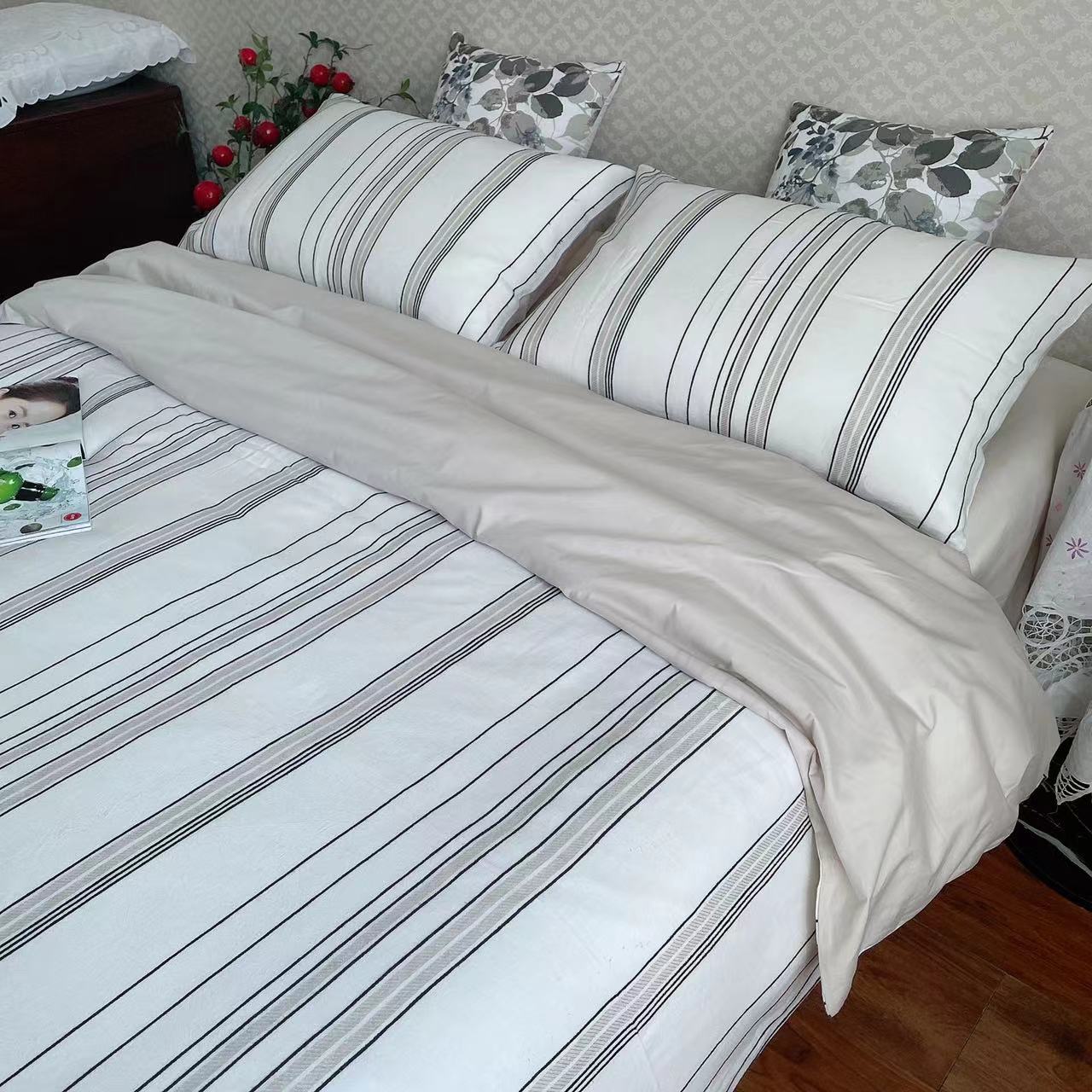 三件套100%纯棉简约条纹柔软