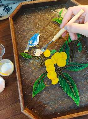 掐丝珐琅画材料茶盘景泰蓝海棠花