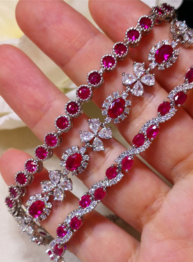 奢华红刚玉花朵蛋面流线圆钻手链