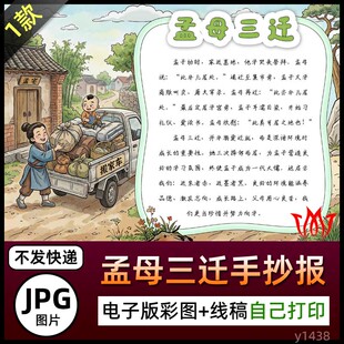 搞笑版孟母三迁故事介绍手抄报图片海报电子小报素材黑白线稿涂色