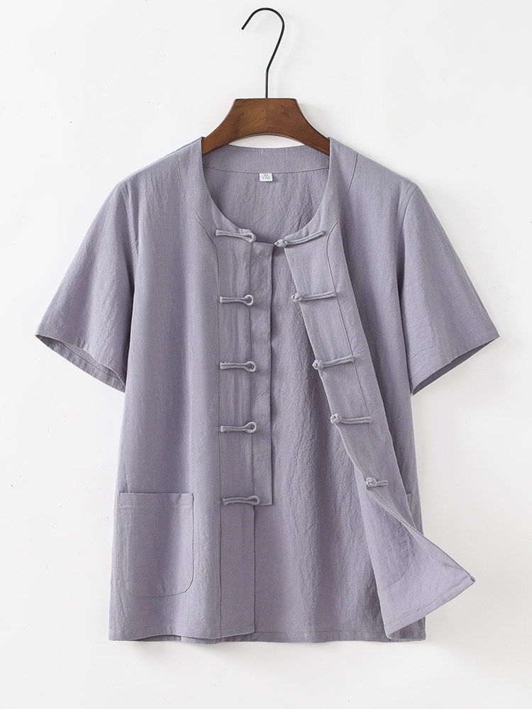 CHINESE STYLE TANG COSTUME SHORT SLEEVE MENS CHINESE STYLE THIN COTTON COLLARLESS LOOSE HALF-SLEEVED HANFU LAY CLOTHES RETRO DAD CLOTHES