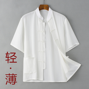 夏季唐装男中老年爸爸装夏装薄款提花棉绸短袖夏季复古中国风男装