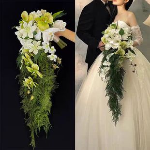 瀑布手捧花新娘仿真花婚纱照影楼拍摄道具文竹蝴蝶兰森系水滴手捧