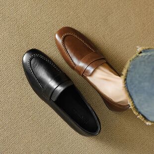 不累脚真皮复古英伦小皮鞋女圆头秀气单鞋一脚蹬百搭乐福鞋豆豆鞋