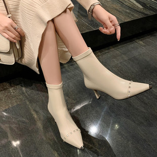 金属尖头细跟水钻高跟弹力瘦瘦靴大码靴子韩版白色短靴女春秋单靴