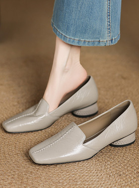 法式深口单鞋女春秋季2025新款方头低跟粗跟中跟真皮灰色40大码41