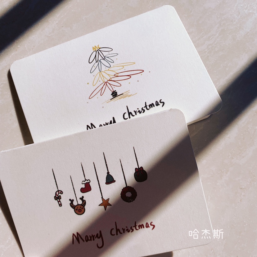50张新款圣诞节对折贺卡简约原创手绘森系ins风带信封装饰留言卡