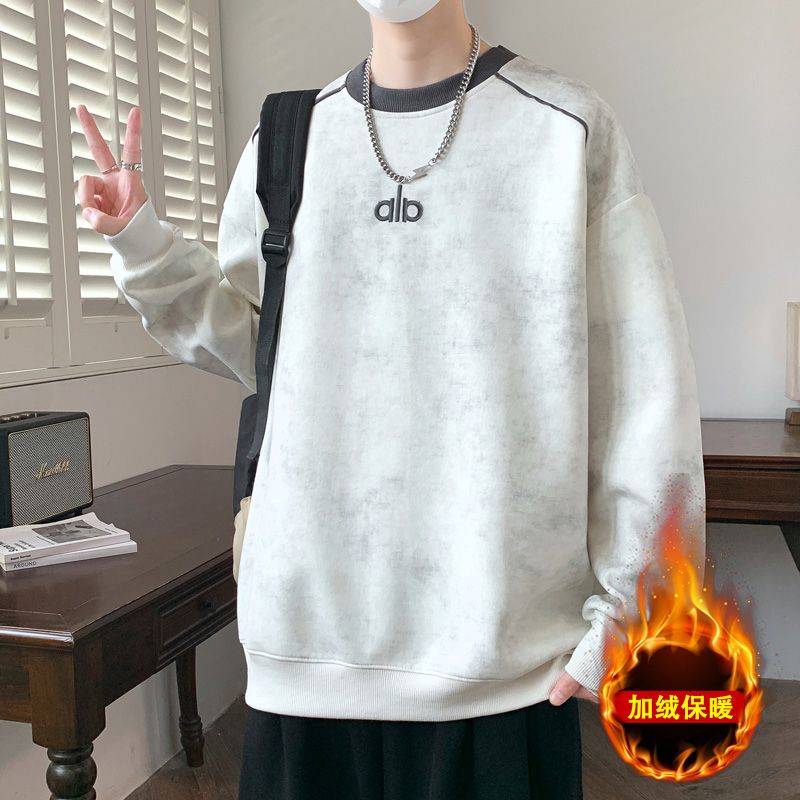 深秋新款青少年扎染设计感拼接线条加绒卫衣宽松个性男生百搭上衣