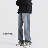 长裤 秋冬新款 个性 有型男生百搭款 青少年美式 做旧抽绳松紧腰牛仔裤