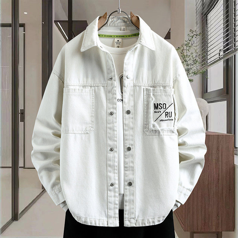 春秋季2026新款青少年时尚翻领牛仔夹克简约休闲男生百搭牛仔外套,男装,牛仔外套,淘宝优惠券,粉丝福利购,淘宝优惠卷