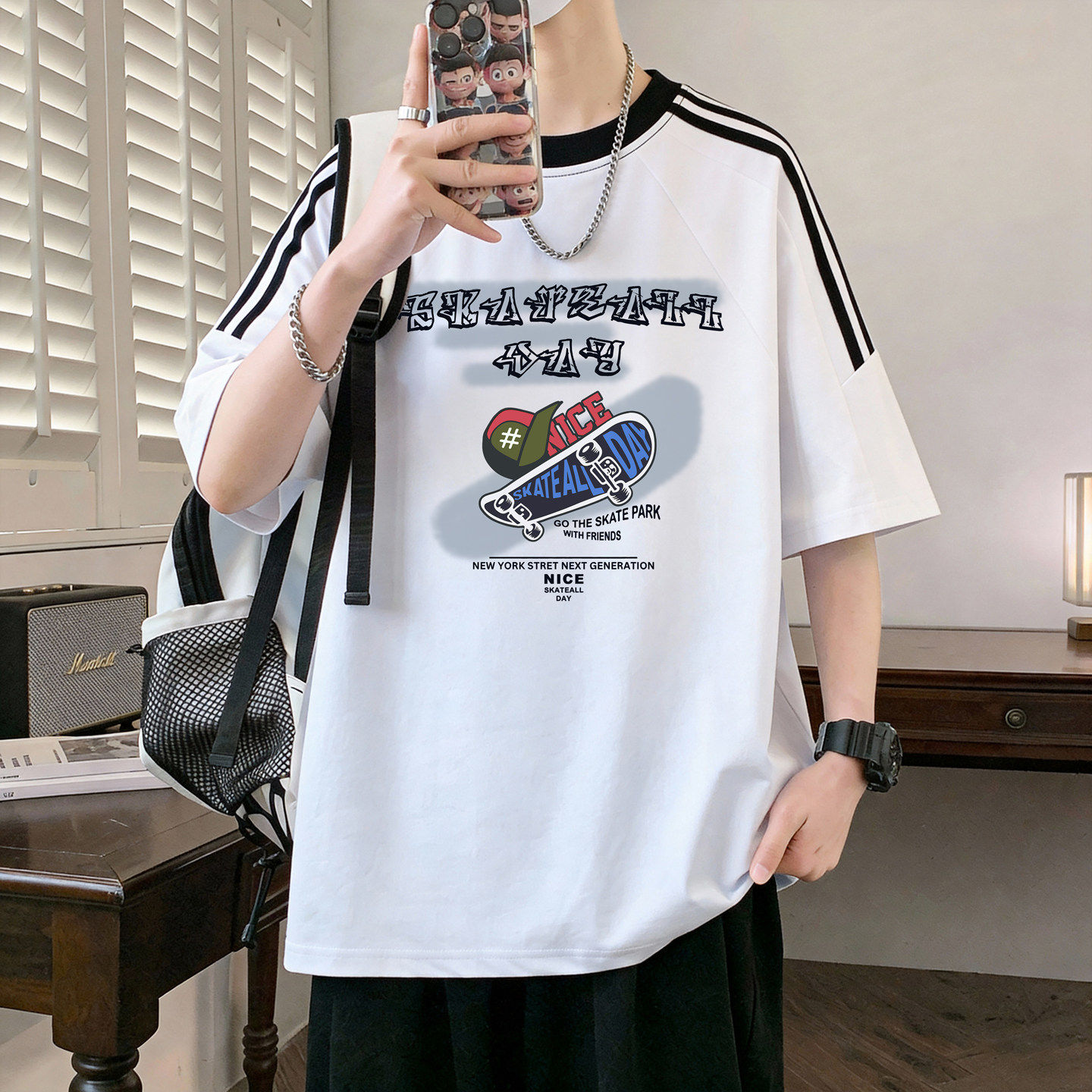 2026夏季潮流男生滑板印花插肩袖短袖宽松港风百搭款个性休闲T恤