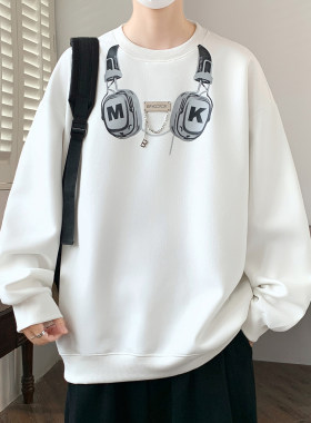早秋新款青少年设计感项链装饰痞帅印花卫衣男生舒适宽松百搭款