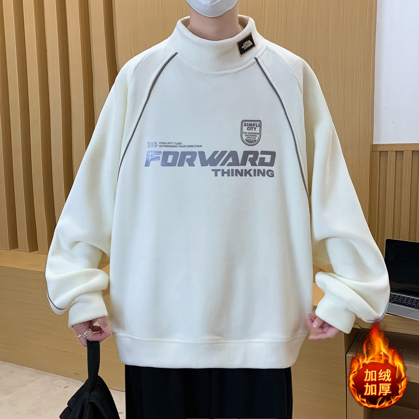 秋冬上新青少年半高领奥粒绒卫衣领口贴设计时尚潮流百搭加厚卫衣