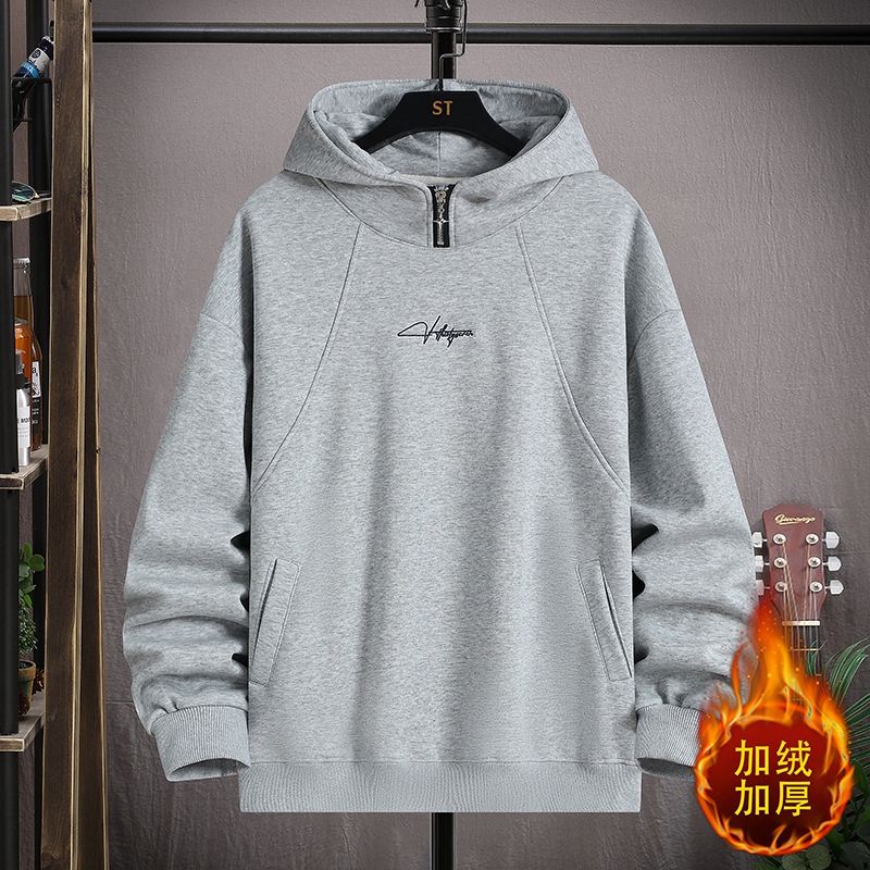 2025秋冬新款青少年加绒加厚连帽卫衣简约韩系男生百搭套头上衣