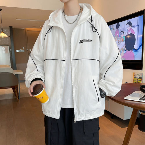 夏季线条撞色防晒衣男生冰感透气防紫外线连帽休闲运动风防晒服