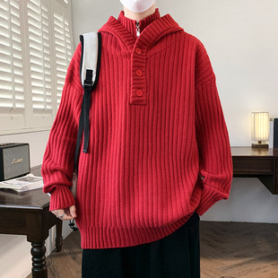 冬季重磅新款青少年假两件连帽针织衫加厚保暖松弛感男生韩系毛衣