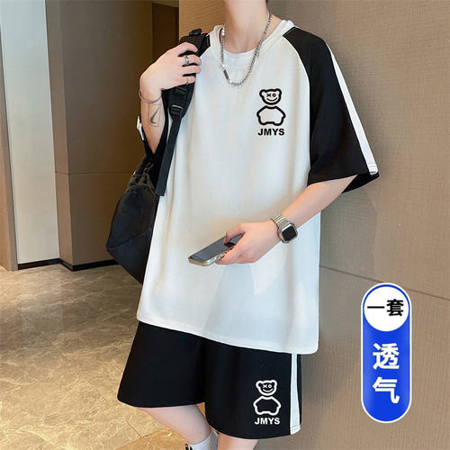 夏季重磅款青少年小熊插肩短袖运动套装宽松时尚学生大童两件套