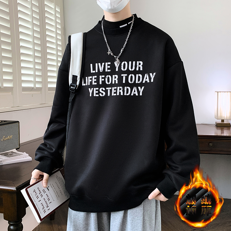 秋冬新款青少年半高领加绒加厚卫衣韩版字母印花个性痞帅男生上衣