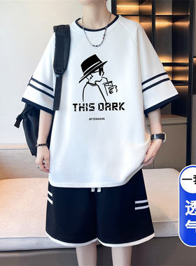 潮酷戴帽人像字母印花撞色条纹运动两件套男生夏季宽松透气套装