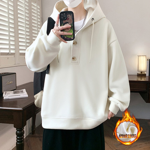秋冬重磅新款青少年加绒加厚美式连帽卫衣纽扣设计潮牌百搭上衣