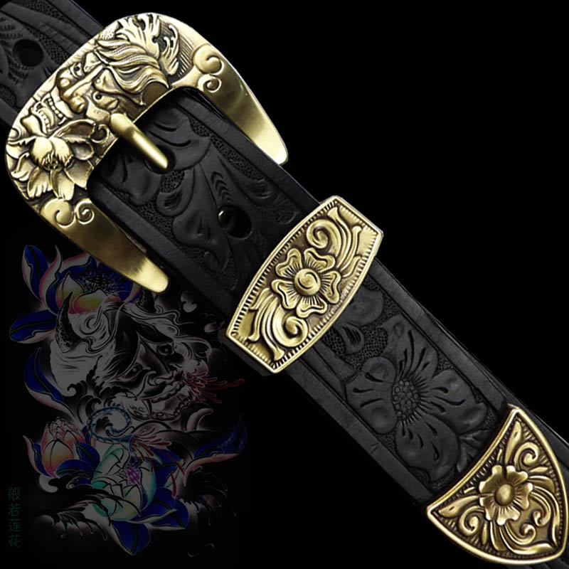 手工定制皮带男真皮唐草纹般若龙佛个性纯铜针扣三件套腰带纯牛皮